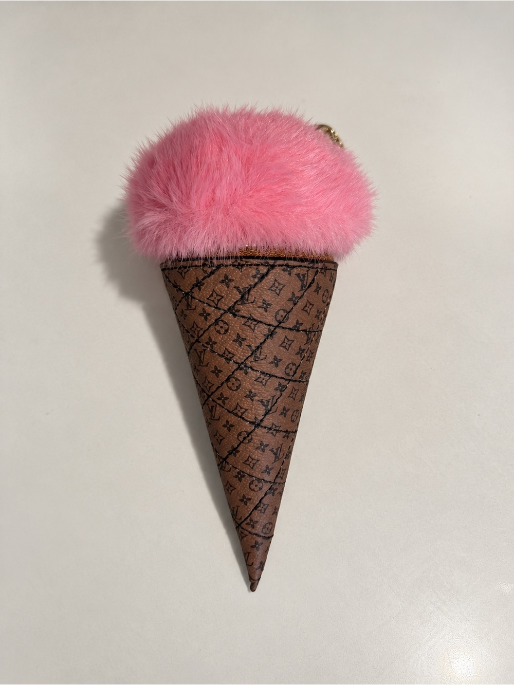 LV Ice Cream Cone Key Charm with Pink Fur